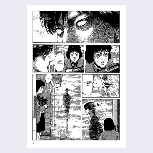 Page example, black and white panel comic of the cover figure disappearing into fog, with accompanying story text.