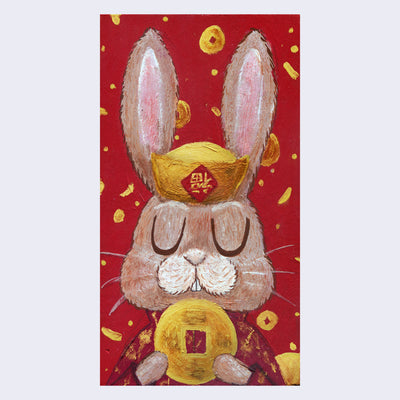 Painting on a vertical red panel of a brown rabbit, visible only from the chest up, with closed eyed and a red robe holding a large gold coin, with many more coins falling in the background.