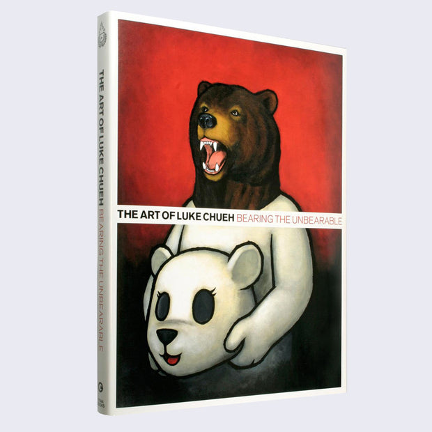 Book cover, illustration of a cartoon white bear, holding its head mask in its hands and revealing a growling bear head on a bright red background. Title is written in thin, all caps font in a white strip across the middle of the cover.