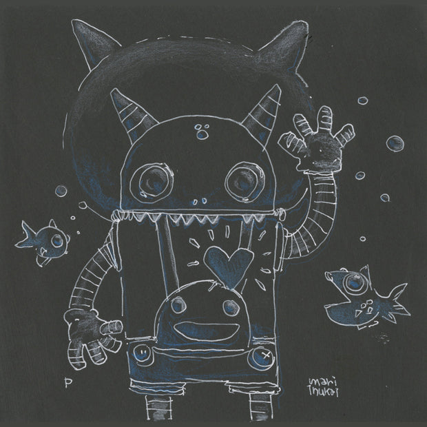 White ink drawing on black paper of a robot wearing suspenders and waving, with various fish around them.