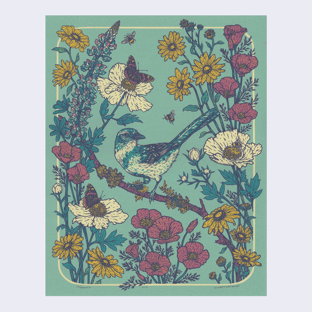 Screenprint on green paper of a science illustration style bird perched on a branch with many flowers all around and butterflies and bees flying nearby.