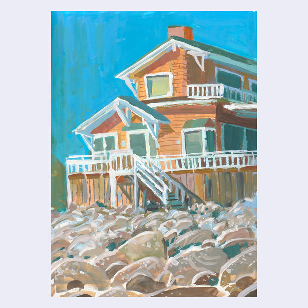 Plein air painting of a large beach house with white wooden fencing atop of many rocks.