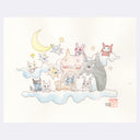 Illustration of various cute characters on a cloud with a moon and stars in the background.