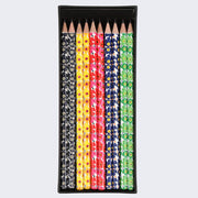 Rectangular case of pencils, open to reveal 5 designs with 2 of each, all with floral patterns. Main colors are black, yellow, red, blue and green.