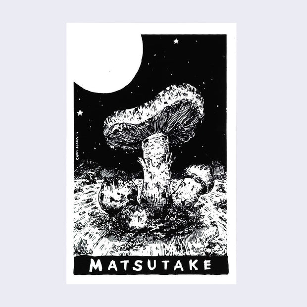 Black and white sticker. A dramatic illustration of a mushroom that sprouts out of the ground like a tree. Text on bottom says Matsutake.