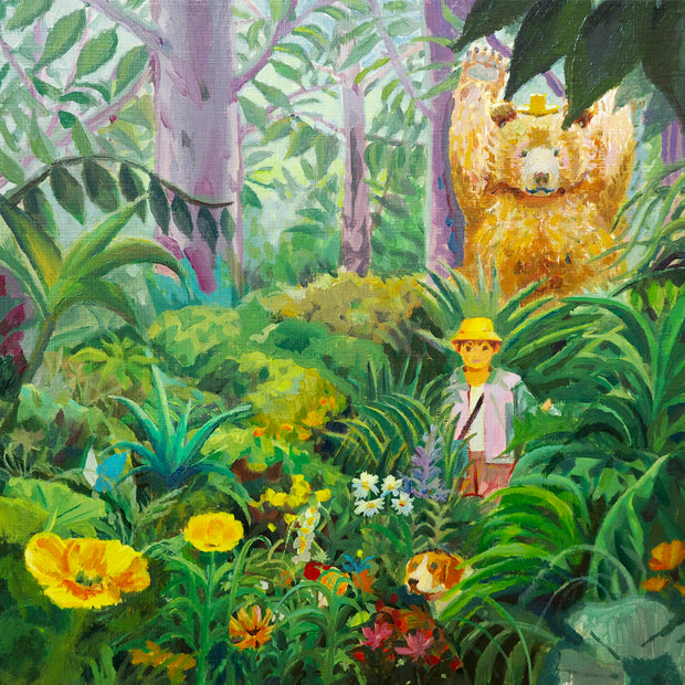 Painting of a lush green forest scene, with all different types of plants and flowers. A person with a yellow bucket hat wades through the leaves with a hound dog in front peeking out. Behind them stands a large fluffy bear with its arms up and a similar looking yellow hat on its head.
