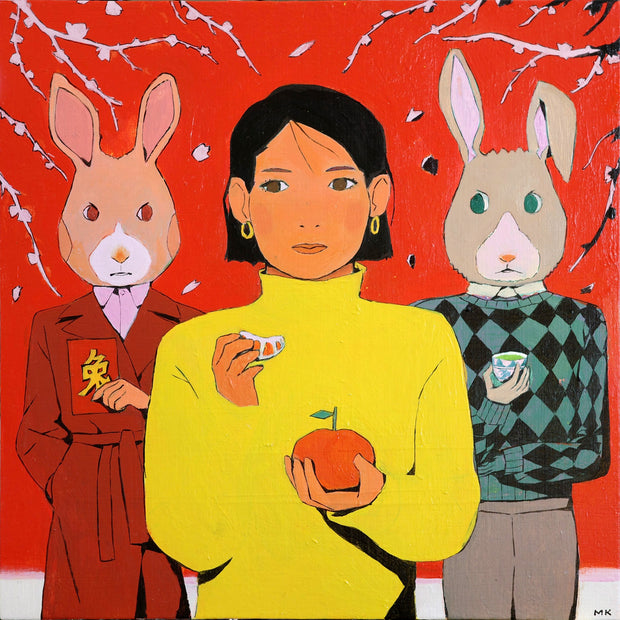 Painting of a woman in a yellow turtleneck sweater eating an orange and looking slightly off to the side. Behind her are 2 rabbits dressed and standing as humans, one is in a long red coat and the other is in a diamond pattern sweater and slacks. One holds a red envelope and the other holds a cup of tea. Background is solid red with thin cherry blossom branches.