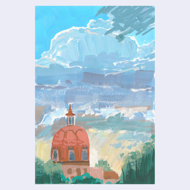 Plein air painting of a large domed building, with the majority of the painting showcasing the sky.