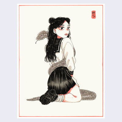 Illustration of a woman dressed in a traditional school girl outfit, propped up on her knees and looking back over her shoulder. Wrapped around her body is a large gray snake.