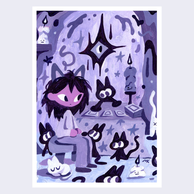 Monochromatic purple painting of a cartoon style girl with messy hair, sitting on a stool and getting her fortune read by a black cat distributing cards in a room with many candles, other cats and scribbles on the wall.