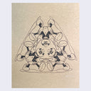 Ink drawing on toned paper of multiple Mickey Mouses. Using the same pose, the image is mirrored multiple times over creating 6 varying angles of the same image. Mirroring creates a strange geometric pattern.