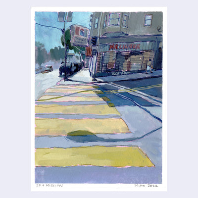 Plein air painting of a crosswalk and street corner with a market below apartments.