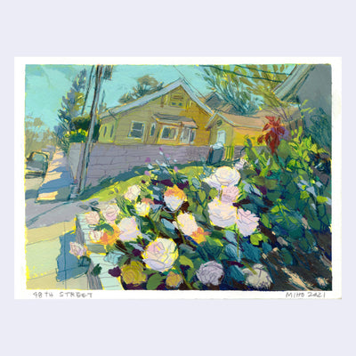 Plein air painting of a rose bush, with a yellow house in the background fenced in by a concrete wall.