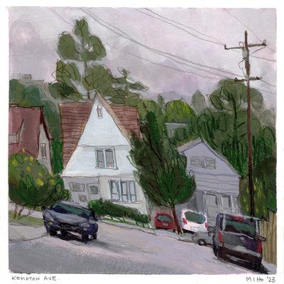 Plein air painting of a sloped street in a neighborhood, with the houses standing straight up. Cars are parked on the sidewalk and in the driveway.