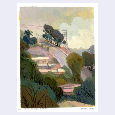 Plein air painting of a empty street over a hill, with many trees around and buildings.