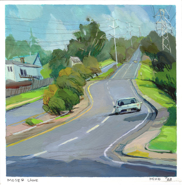 Plein air painting of a slightly curved road with a flat looking car driving away. Greenery surrounds the road.