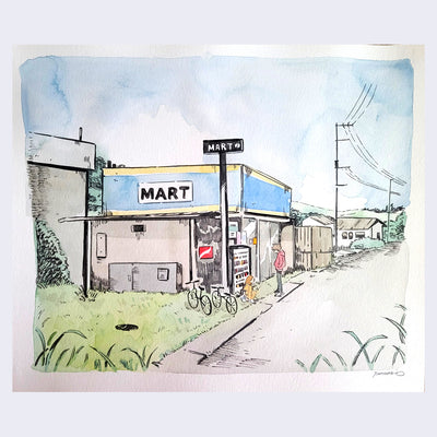 Ink and watercolor drawing of an empty street, with a "mart" as the focal point, with blue and yellow coloring and various signs. 2 bikes are parked outside with a boy and a girl talking.