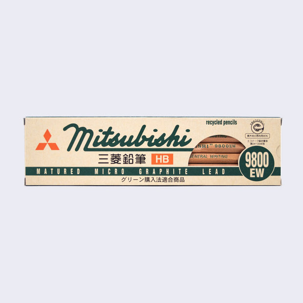 Cardboard packaging with slightly open window, showing natural wood finished pencils inside. "Mitsubishi" is written in forest green cursive, "matured micro graphite lead" is written below, along side Japanese script. 