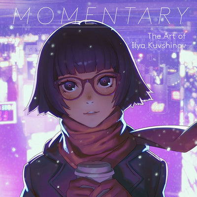 Book cover featuring an anime style illustration of a girl with glasses, wearing a scarf and holding a to go cup of coffee. A bright purple blurred city scene is behind her.