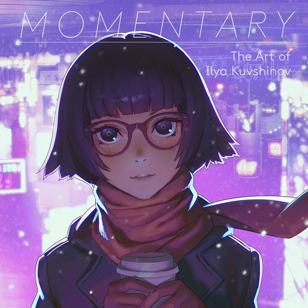 Book cover featuring an anime style illustration of a girl with glasses, wearing a scarf and holding a to go cup of coffee. A bright purple blurred city scene is behind her.