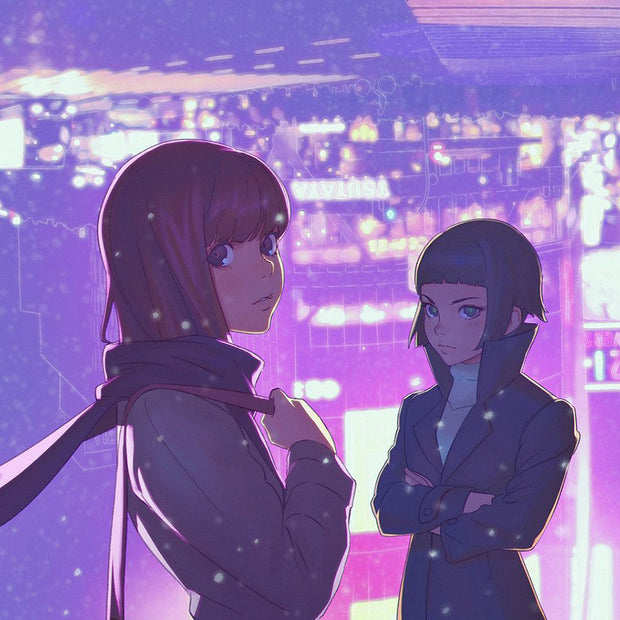 Back cover of book two girls in winter clothes stand looking at the viewer, both with expressions of annoyance.  A bright purple blurred city scene is behind.