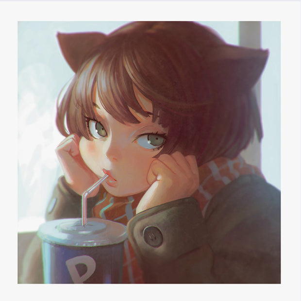 Page excerpt, an anime style illustration of a bored looking girl with cat ears, hands holding up her head while she drinks from a straw.