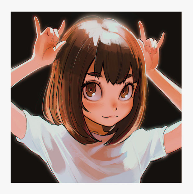 Page excerpt, an anime style illustration of a girl holding up two loose "rock on" hand symbols near her head, as if giving herself animal ears.