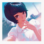 Page excerpt, an anime style illustration of a girl in a white collared shirt with her arm extended out, as if taking a selfie.
