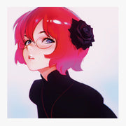 Page excerpt, an anime style illustration of a bright pink haired girl with a black rose in her hair and matching black turtleneck, she wears glasses and gives a slightly agitated expression.
