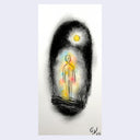Charcoal drawing of a simple figure walking with a moon hanging overhead.