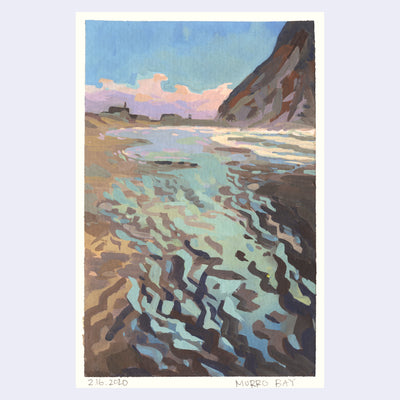 Plein air painting of a beach scene, with the waves receding and revealing very colorful sky reflections in the water.