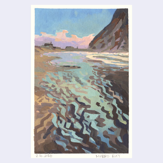 Plein air painting of a beach scene, with the waves receding and revealing very colorful sky reflections in the water.