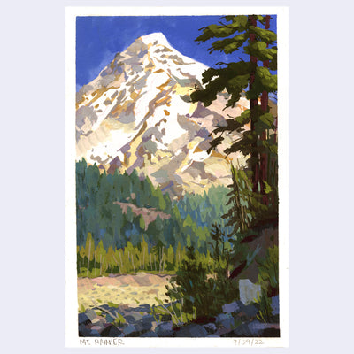 Plein air painting of Mt Rainier, very tall in the sky with snow atop of it. Below is a heavily forested line of trees and some shaded trees and rocks in the foreground.