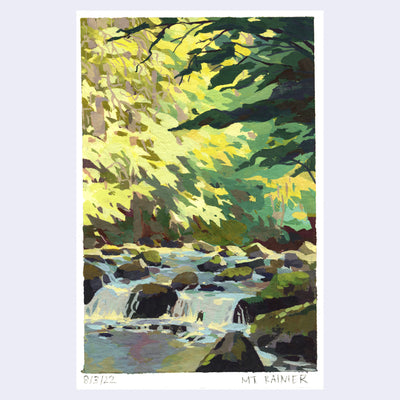 Plein air painting of a heavily forested river, with many rocks and a small drop off waterfall. A bright yellow light shines on most of the trees and illuminates the rocks.
