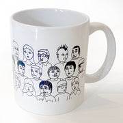 White ceramic mug with various line art cartoon people, upper bodies and faces showing only. 