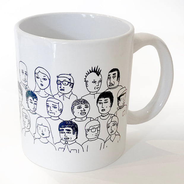 White ceramic mug with various line art cartoon people, upper bodies and faces showing only. 
