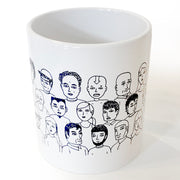 Front view of ceramic mug with various line art cartoon people, upper bodies and faces showing only.