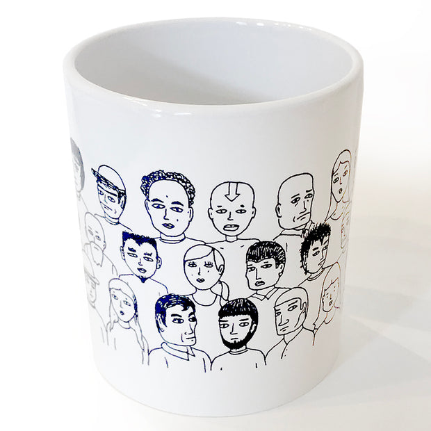 Front view of ceramic mug with various line art cartoon people, upper bodies and faces showing only.