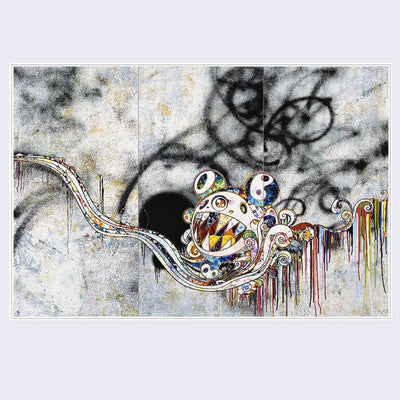 Print of a Murakami DOB character, mouth open with fierce pointy teeth attached to a skinny abstract patterned wave. Background is abstract black graffiti on white.
