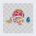 Illustration of 7 Murakami designed mushroom figures, differently shaped, sized and colored with multiple eyes. A small cartoon DOB character stands under the largest one, pointing both directions. Background is light grey checkered pattern.