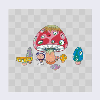 Illustration of 7 Murakami designed mushroom figures, differently shaped, sized and colored with multiple eyes. A small cartoon DOB character stands under the largest one, pointing both directions. Background is light grey checkered pattern.