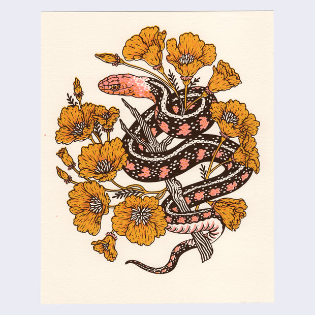 Screenprint on cream paper. A science illustration style pink and black snake is wrapped within blossomed poppies.