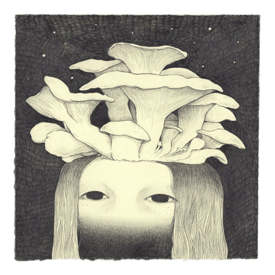 Pencil illustration on cream colored paper of a long haired person with a network of mushroom growing out their head. Below the eyes, their face fades into night sky.