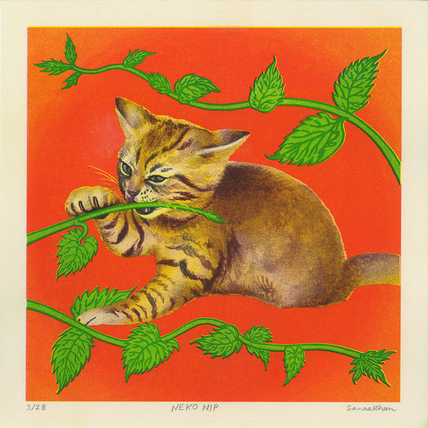 Risograph print on cream paper with a bright orange background. A realistic illustration of a yellowish brown kitten sitting and pawing at a stem that weaves in and out of the image space, with leaves coming off of it. 