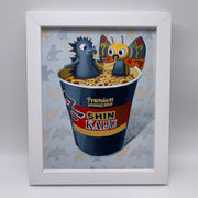 Framed painting of a cartoon Godzilla and a cartoon Mothra, sitting in a Shin Ramen noodle cup like a bath, slurping the same noodle. "Premium Noodle Soup Shin Kaiju" is written on the cup. Background is a pattern of simplified solid colored dinosaur profiles.