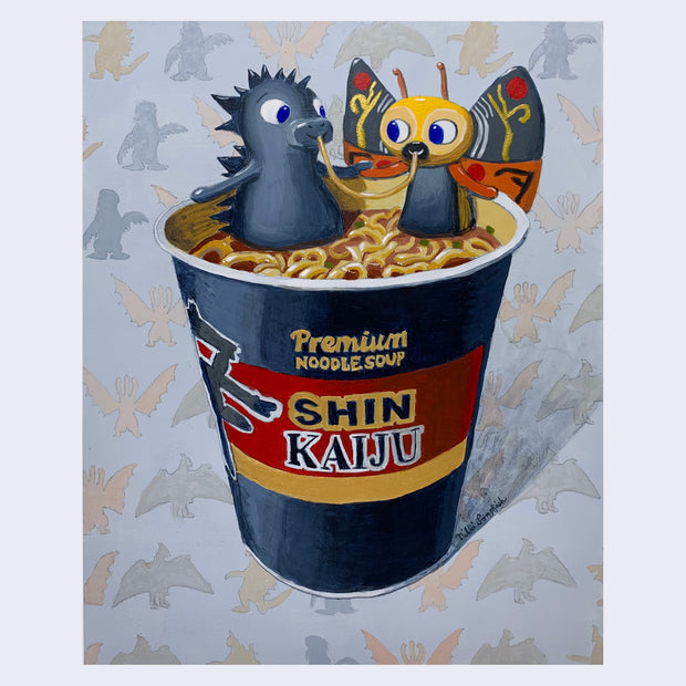 Painting of a cartoon Godzilla and a cartoon Mothra, sitting in a Shin Ramen noodle cup like a bath, slurping the same noodle. "Premium Noodle Soup Shin Kaiju" is written on the cup. Background is a pattern of simplified solid colored dinosaur profiles.