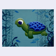 Painting of a cartoon style sea turtle, with a blue shell back. It is submerged underwater with other small fish and kelp forests.