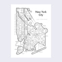 Black letterpress on white paper of New York City, depicted abstractly as various circles, lines and abstract shapes. Neighborhood names are inside of circles, aligned in relation to their real location, and connected by street names. "New York City" is written largely in the upper right corner.