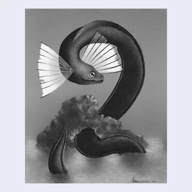 Finely rendered greyscale illustration of a large eel creature with fins on its neck coming out of a body of calm water, breaking through a rock.