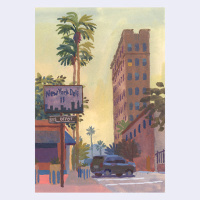 Plein air painting of a narrow parking lot, with a single car backed into its spot. A sign for "New York Deli" stands with palm trees in the background.